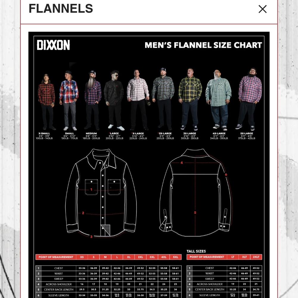 DIXXON Men's T-Shirt Size Chart